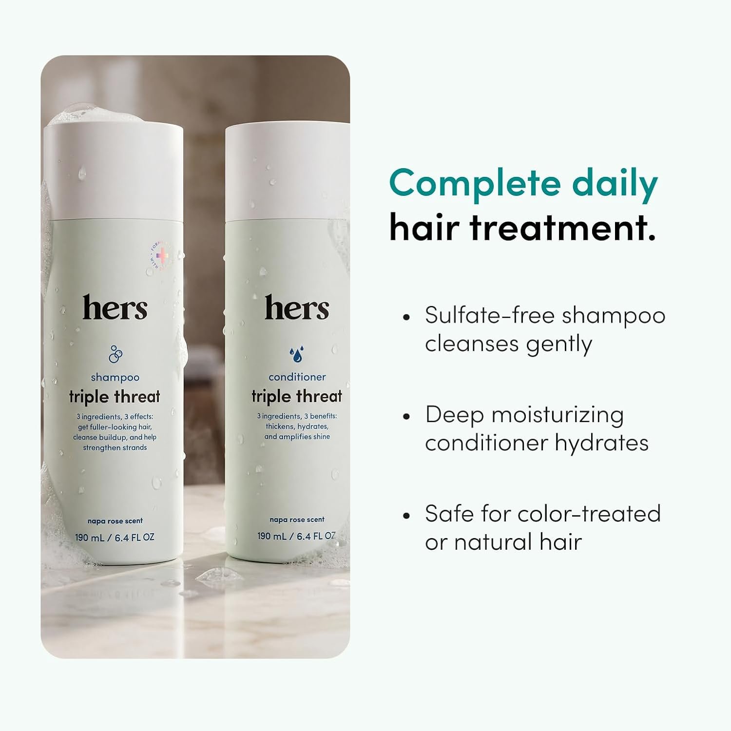hers Triple Threat Shampoo & Conditioner Set - Biotin, Saw Palmetto, & Pumpkin Seed Oil Formula - Thickens & Hydrates - Color-Safe, Paraben-Free, Vegan - Napa Rose Scent - 6.4 Fl Oz, 2 Count - Image 5