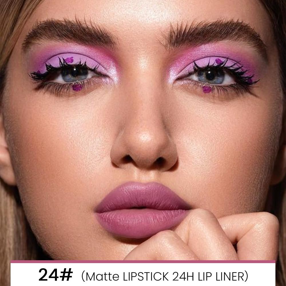 evpct 1Pcs Light Plum Rose Matte Lip Liner and Lipstick Combo Set Kit for Women, Magic Neutral Lipsticks 24 Hours Original Lipstick and Lips Liner Pencil Stain Makeup Long Lasting Waterproof, 24# - Image 2
