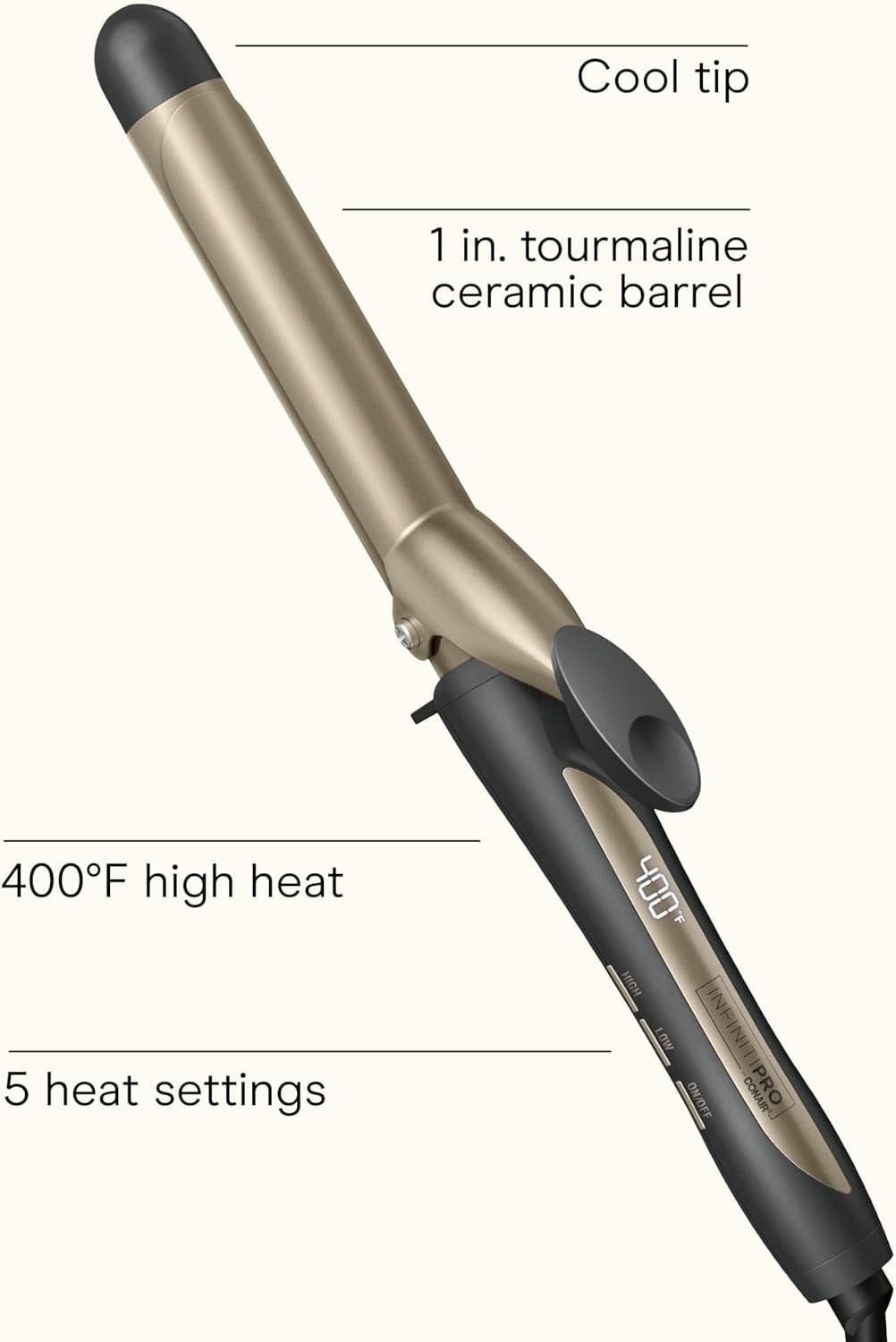 INFINITI PRO CONAIR Tourmaline Ceramic 1-Inch Curling Iron, Clamp Curling Iron, 1-Inch Barrel Produces Classic Curls, Hair Curler for Use on Short, Medium, and Long Hair, Champagne/Gray - Image 2