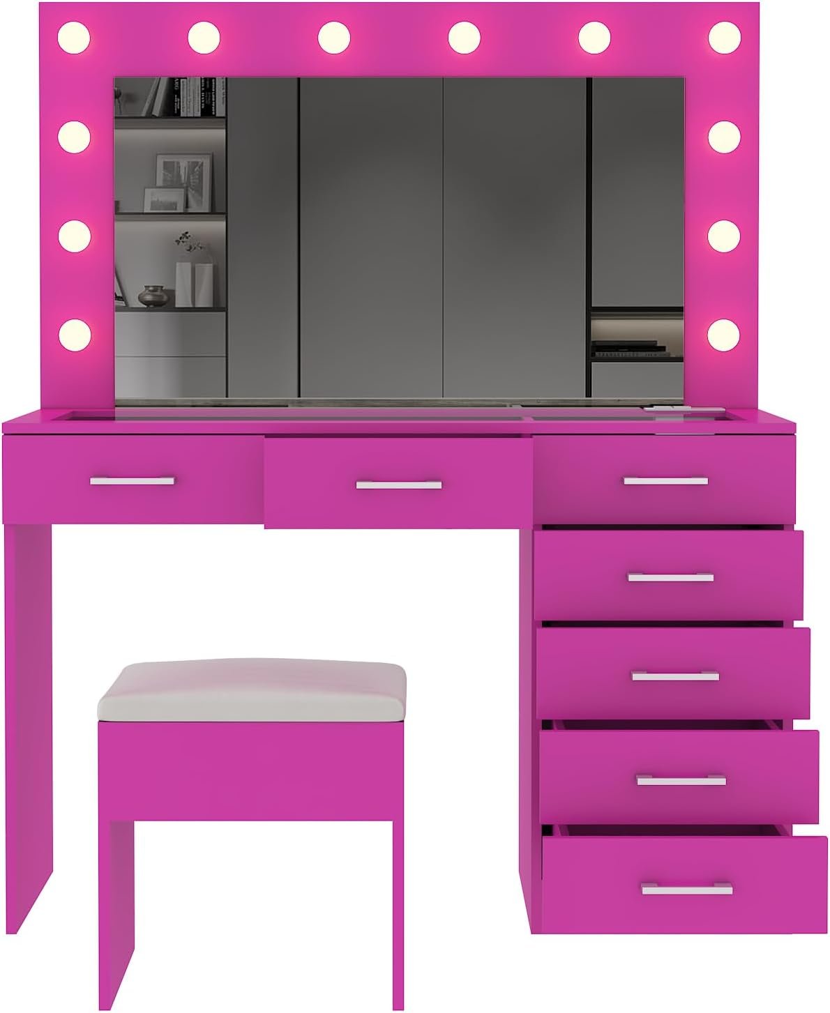 Karl home Vanity Desk with Large Lighted Mirror & Powre Outlet, Glass Tabletop Makeup Vanity Set with 7 Drawers, 45.3" Vanity Table with 3 Color Lighting Modes, Dressing Table for Women Girls, Pink - Image 5