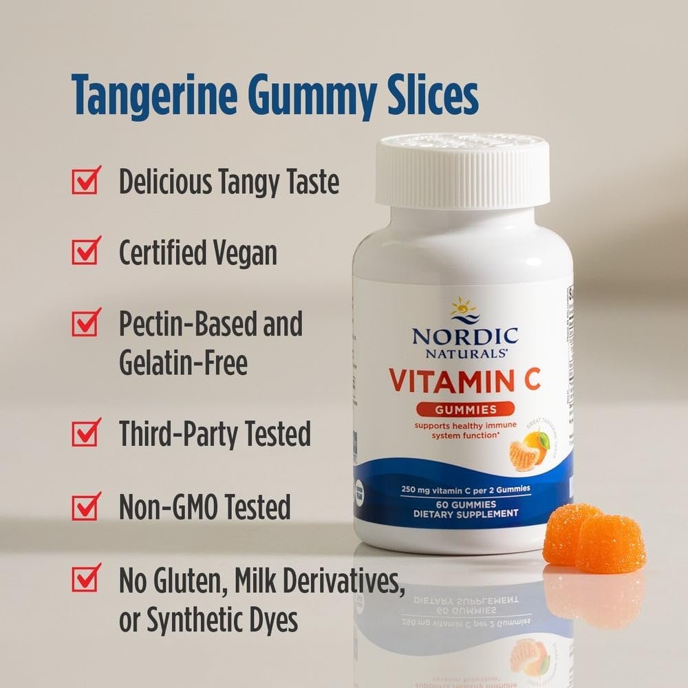 Nordic Naturals Vitamin C Gummies, Tart Tangerine - 60 Gummies - 250 mg Vitamin C - Immune Support, Antioxidant Protection, Child Growth & Development - Non-GMO, Vegan - 30 Servings - Image 4