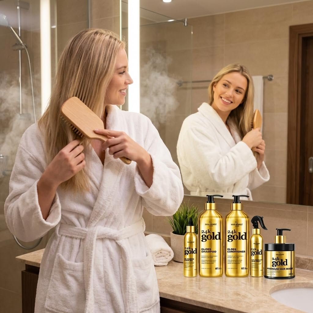 Hair Chemist 24K Gold 5-PC Complete Hair Care Set – Large Shampoo, Conditioner, Hair Oil, Hair Mist & Deep Hair Mask – Strengthening, Hydrating & Shine Enhancing for Dry, Damaged & Color-Treated Hair - Image 9