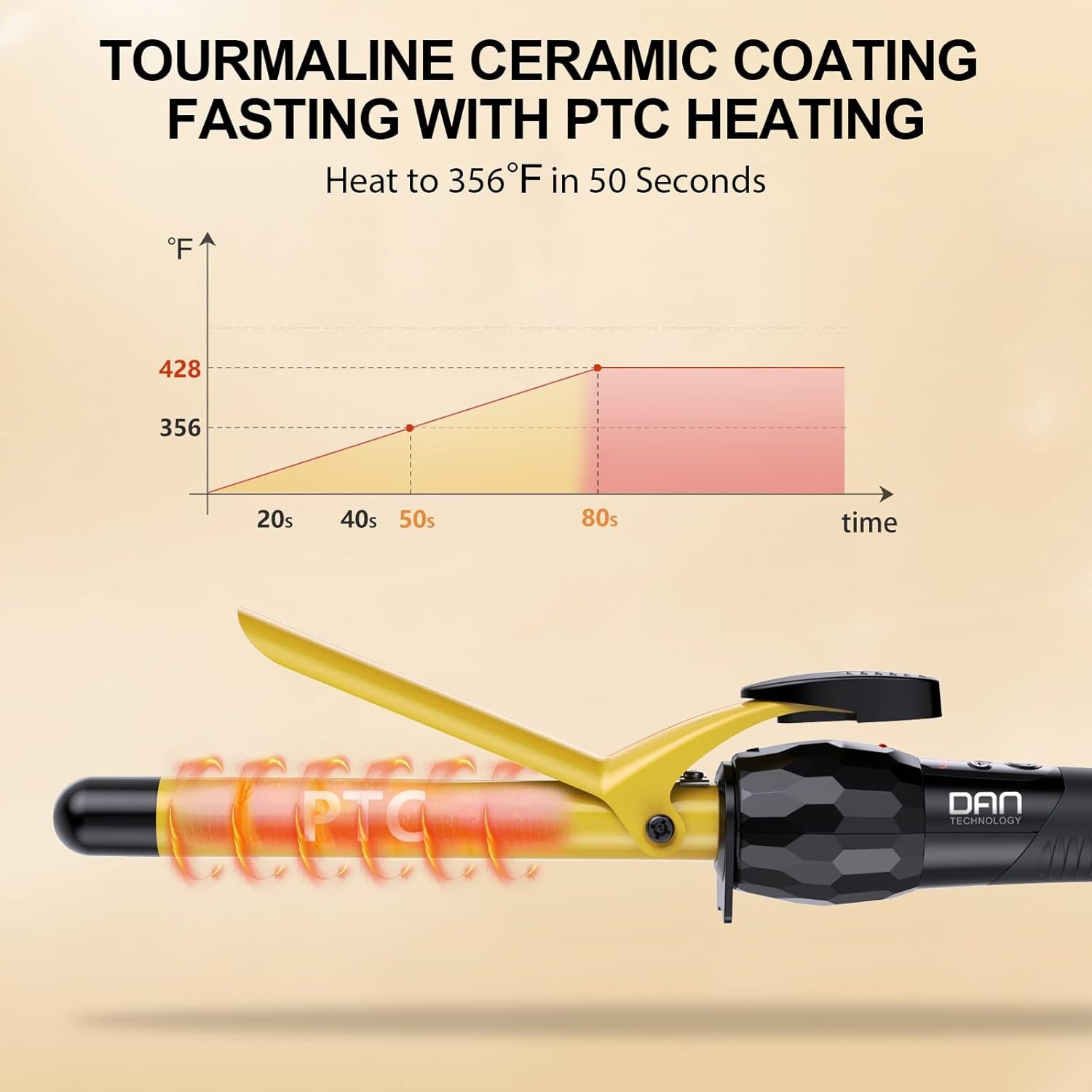 DAN Technology 3/4 Inch Curling Iron Wand, Tourmaline Ceramic Hair Curler with LCD Display (180°F–430°F), Fast Heating, Dual Voltage, Auto Shut-Off, Black & Gold - Image 3