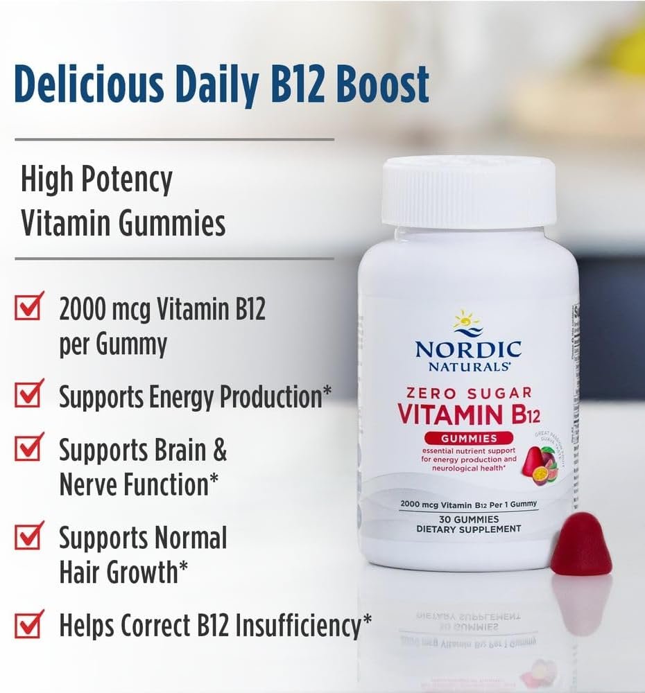 Nordic Naturals Zero Sugar Vitamin B12 Gummies - 2000 mcg Vitamin B12 per Gummy, Passion Fruit Guava Flavor - 30 Gummies, Essential Nutrient Support for Energy Production and Brain Health, 30 Servings - Image 3
