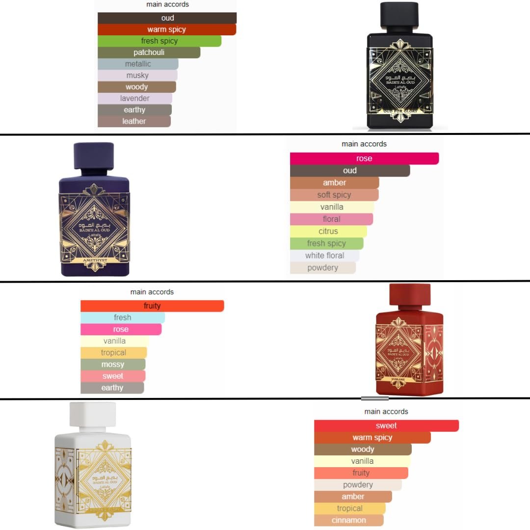 Lattafa Perfumes Bade'e Al Oud for Unisex 4 Piece Eau de Parfum Gift Set (Oud for Glory + Sublime + Amethyst + Honor & Glory) 3.4 Ounce/100 ml each - Image 3