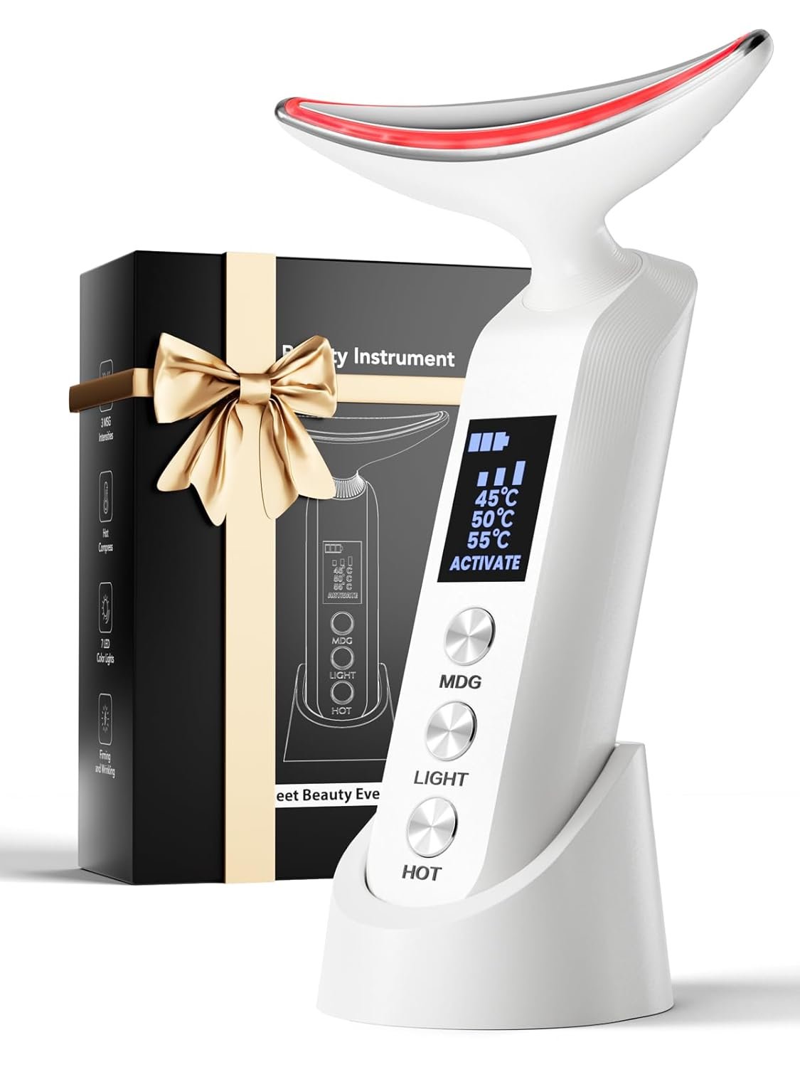 Facial Neck Massager Portable Charging Dock - 3 Heat Settings, Vibrating Face Massage, 9-Color LED Light & 72Hrs Battery | Home Spa Travel Skincare - White