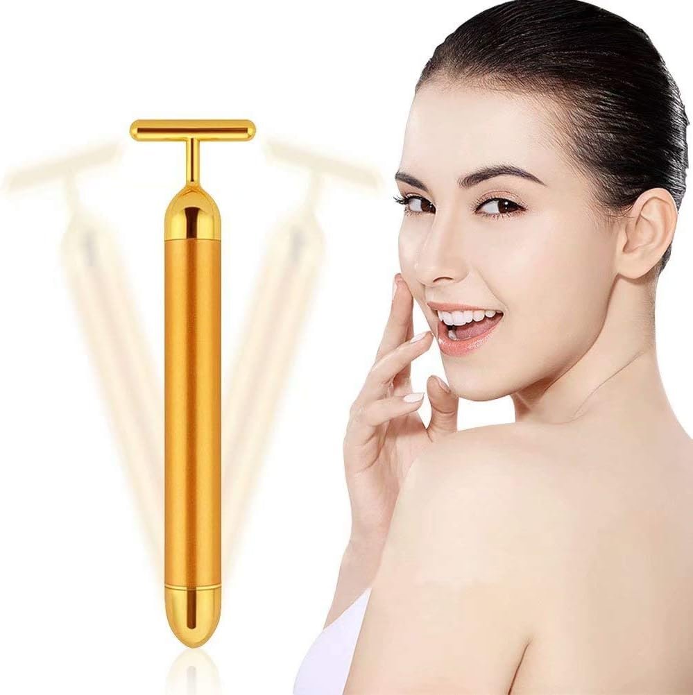 Beauty Bar 24k Gold Skin Care Face Massager Roller, 2 in 1 Electric 3D Roller and T Shape Energy Beauty Bar for Face Lift and Skin Tightening, Handheld Massagers