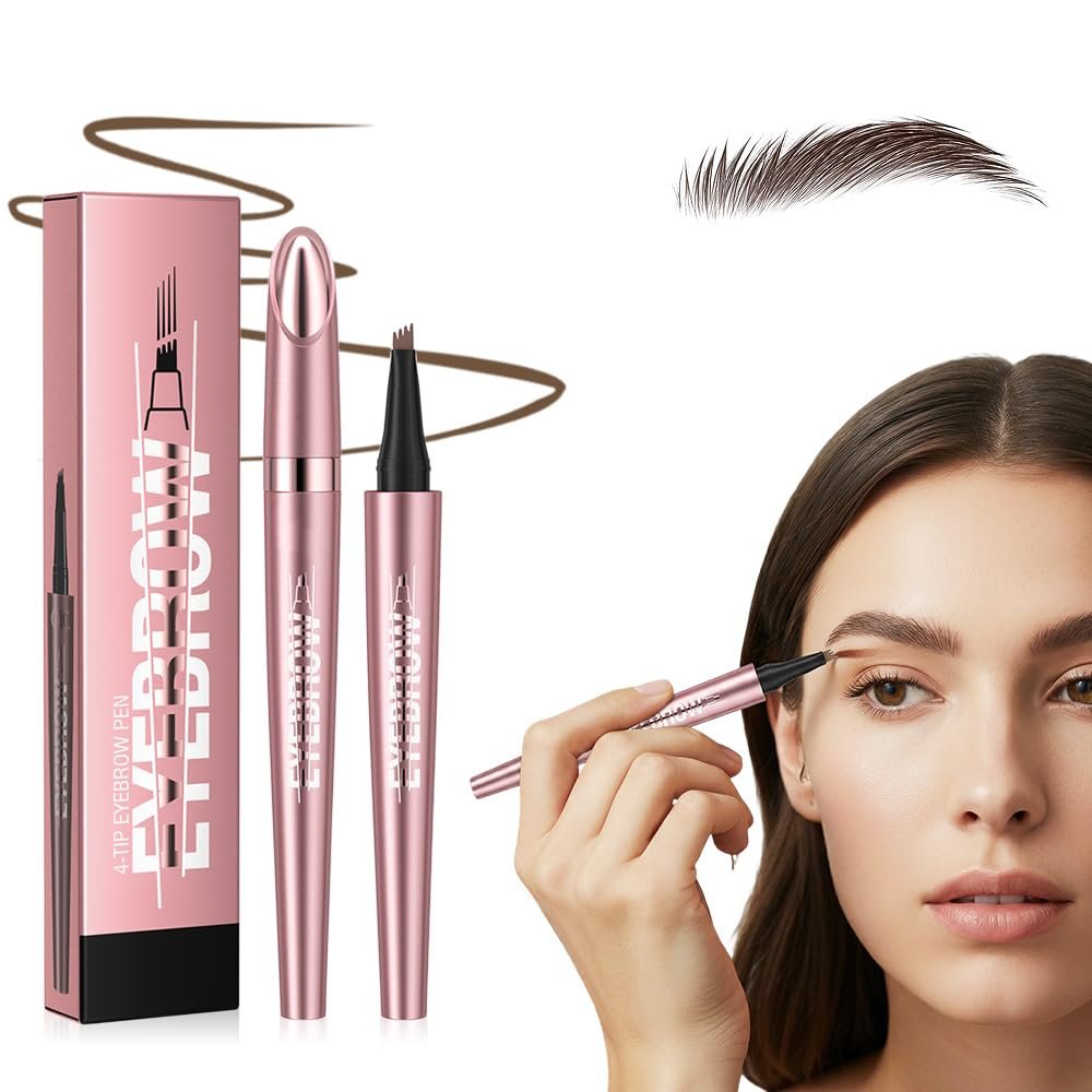 Microblading Eyebrow Pen, 2026 New Premium 4-Tip 3D Eyebrow Pencil, Waterproof Long-Lasting Fine Stroke Contouring Pen, Natural Makeup Effect for All Day (Dark Brown)