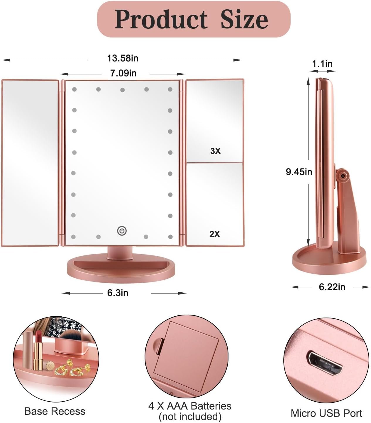 Flymiro Tri-fold Lighted Vanity Makeup Mirror with 3x/2x Magnification,Light up Mirror for Makeup,Touch Screen 21 LEDs,180° Rotation Countertop Cosmetic Mirror,Gifts for Women Mom Teen Girls - Image 2