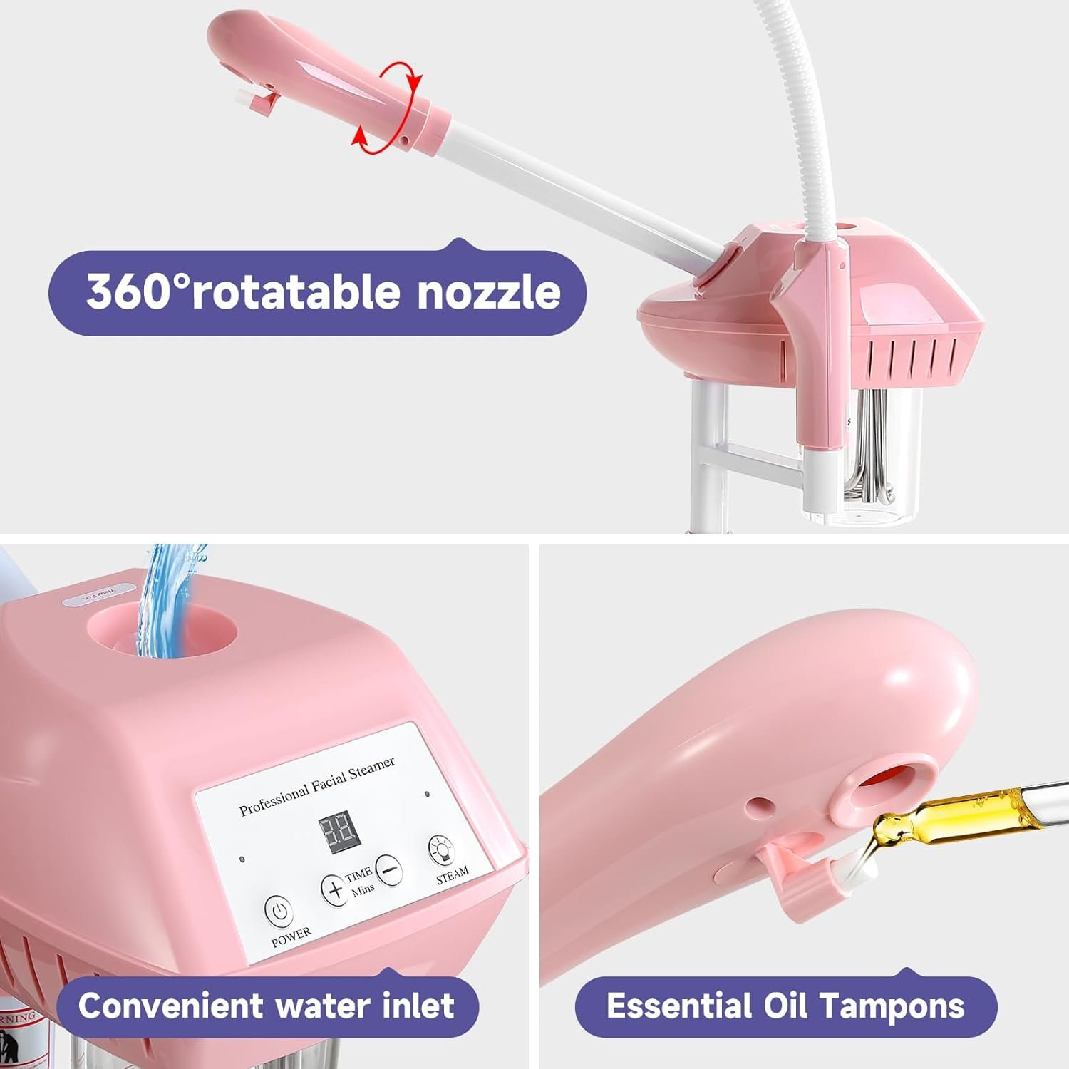 Professional Facial Steamer, 2In1 Face Steamer on Wheels for Facial Deep Cleaning, SPA Facial Steamer for Esthetician with 5X Magnifying Lamp, Stand Face Steamer with Time Setting, Pink - Image 5