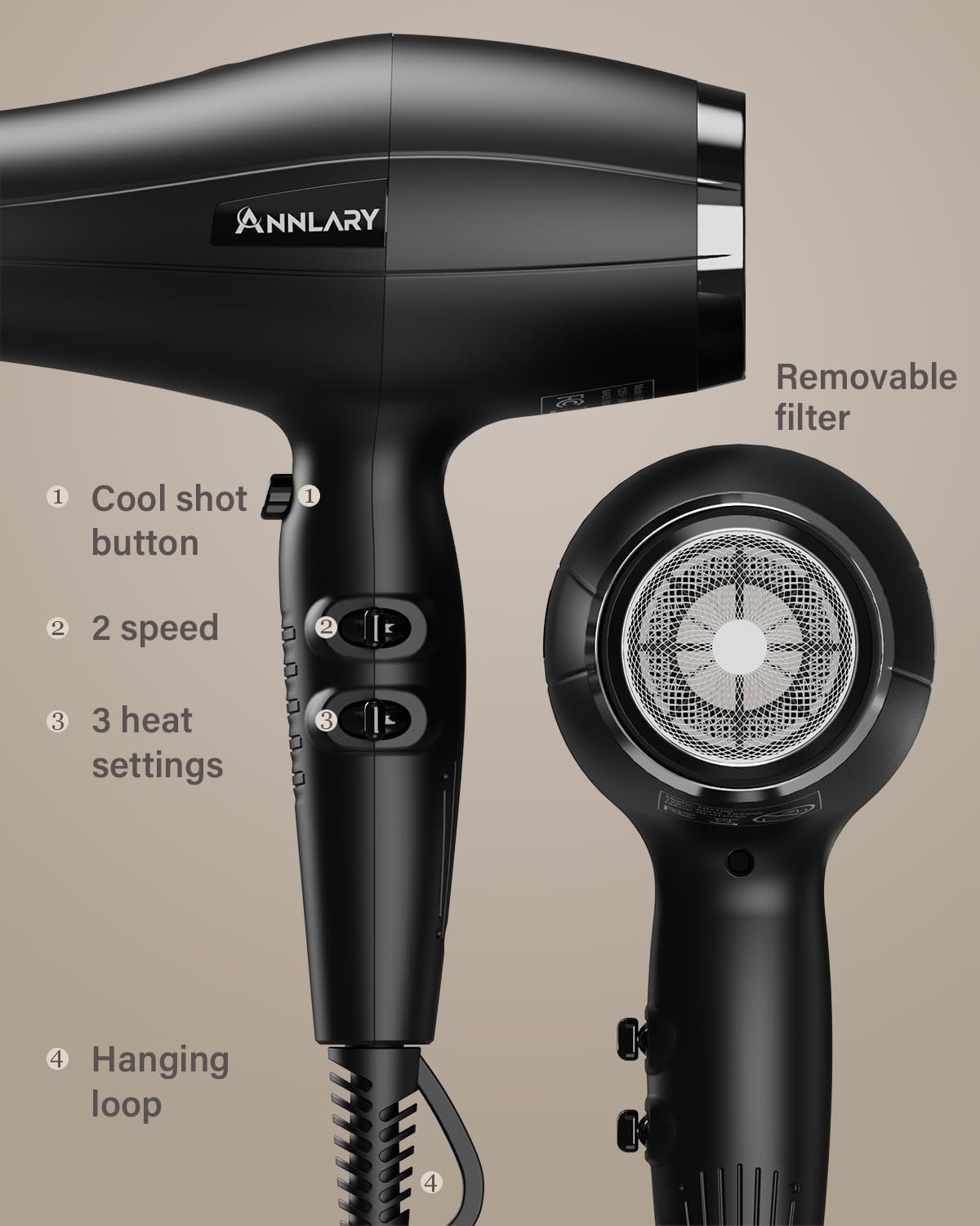 ANNLARY Ionic Hair Dryer with Diffuser, Blow Dryer, Professional 1875W Powerful AC Motor Hairdryer with 8.2Ft Cord for Women & Men, Fast-Drying Blow Dryer with Nozzle for Home, Salon - Image 7