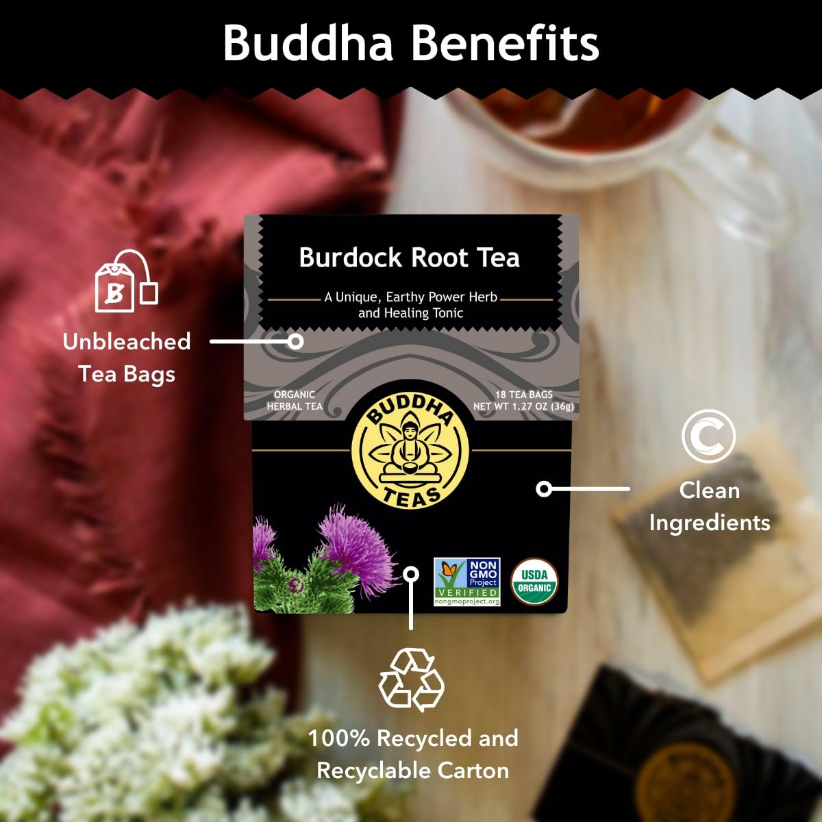 Buddha Teas - Burdock Root - Organic Herbal Tea - For Health & Wellbeing - With Antioxidants, Minerals & Vitamin C - Caffeine Free - 100% Kosher & Non-GMO - 18 Tea Bags (Pack of 1) - Image 6