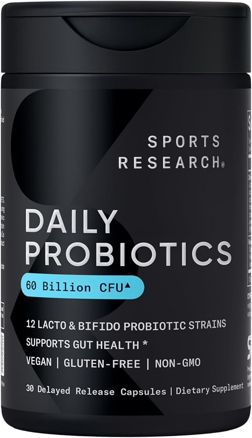 Sports Research® Daily Probiotics 60 Billion CFU w/Prebiotics, 30 Count | 12 Lacto & Bifido Strains for Gut & Digestive Support - Vegan, Non-GMO
