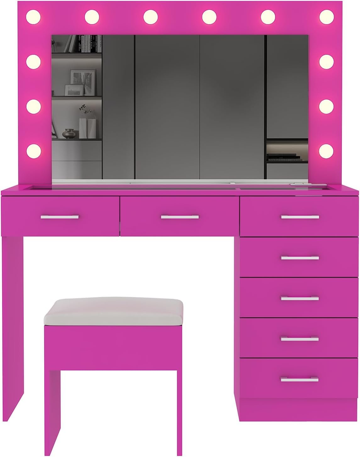 Karl home Vanity Desk with Large Lighted Mirror & Powre Outlet, Glass Tabletop Makeup Vanity Set with 7 Drawers, 45.3" Vanity Table with 3 Color Lighting Modes, Dressing Table for Women Girls, Pink - Image 7
