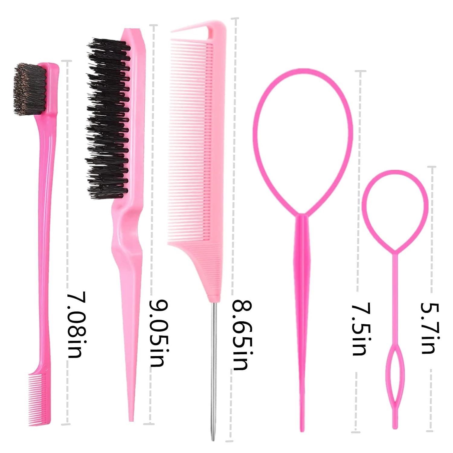 5Pcs Slick Back Brush Set with Topsy Tail Tool, Teasing Bristle, Rat Comb for Women & Girls Hair Styling, Flyaways Control and Edge Combing - Pink - Image 7