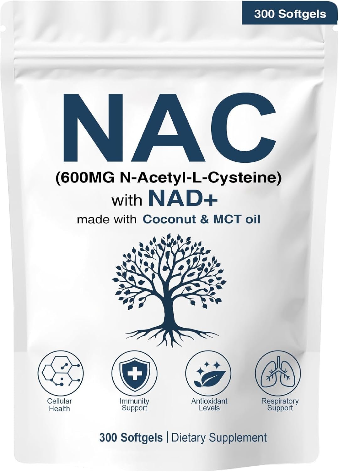 NAC 600mg Non-GMO, Gluten Free,Organic NAC Supplement N-Acetyl Cysteine Capsules with NAD+ for Cellular & Lung Health, 300 Softgels