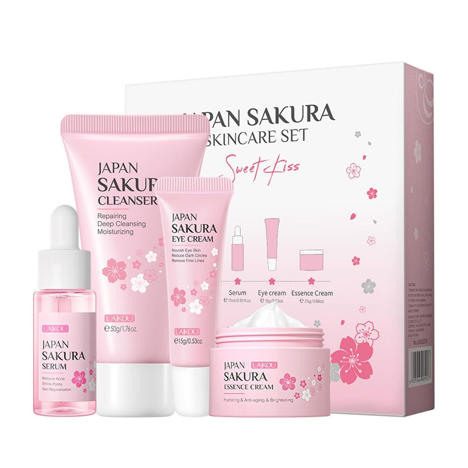 Skin Care Kit Korean Skincare Set for Teen Girls & Women, Travel Sizes Cherry Blossom Hydrating Cleanser, Anti-Aging Serum, Moisturizer, Eye Cream - Skin Radiant Gentle Clean Mini Holiday Gift (4PC)