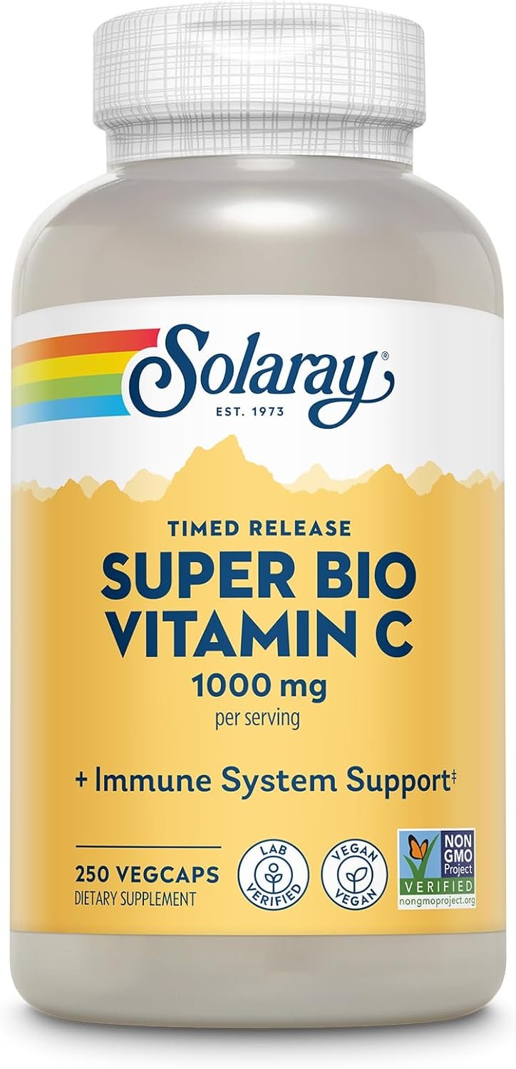 SOLARAY Super Bio Vitamin C 1000mg, Buffered, Two-Stage Timed Release with Bioflavonoids, Immune Support Supplement, High Absorption, Vegan, 60-Day Guarantee – 250 VegCaps