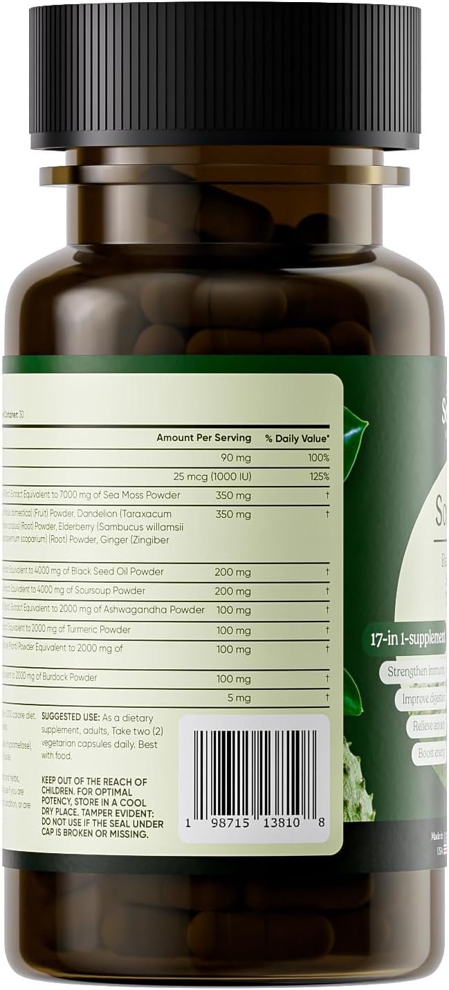 Serene Herbs 17-in-1 Sea Moss Capsules with Irish Seamoss, Black Seed Oil, Ashwagandha, Turmeric & Bladderwrack - Advanced Immunity, Energy & Gut Support - Natural Herbal Supplement - 60 Count - Image 8