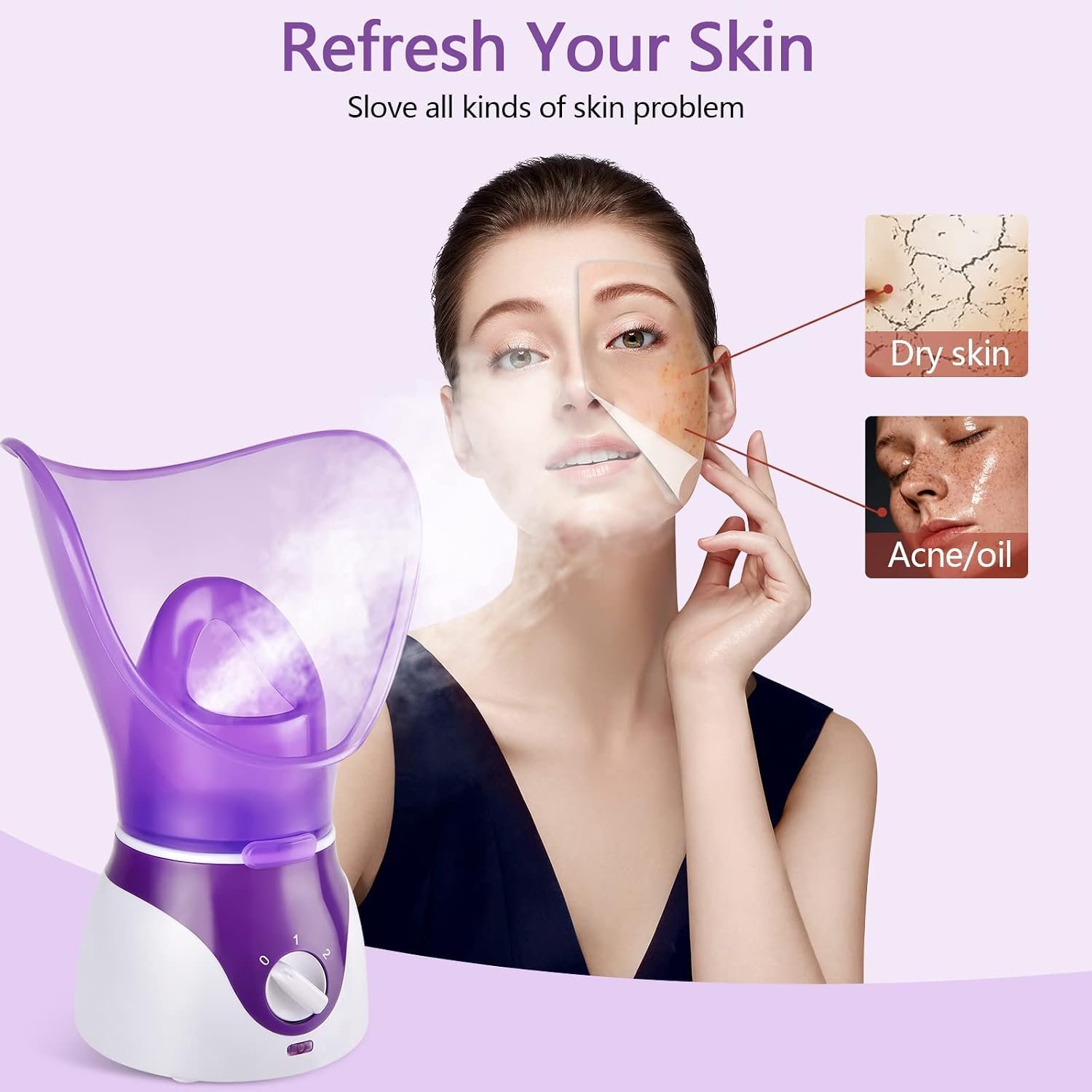 Facial Steamer - Nano Ionic Face Steamer for Deep Cleaning, Hot Mist Face Humidifier Set for Women & Men, Moisturizing Cleansing Pores with Blackhead Remover Kit, Purple - Image 2
