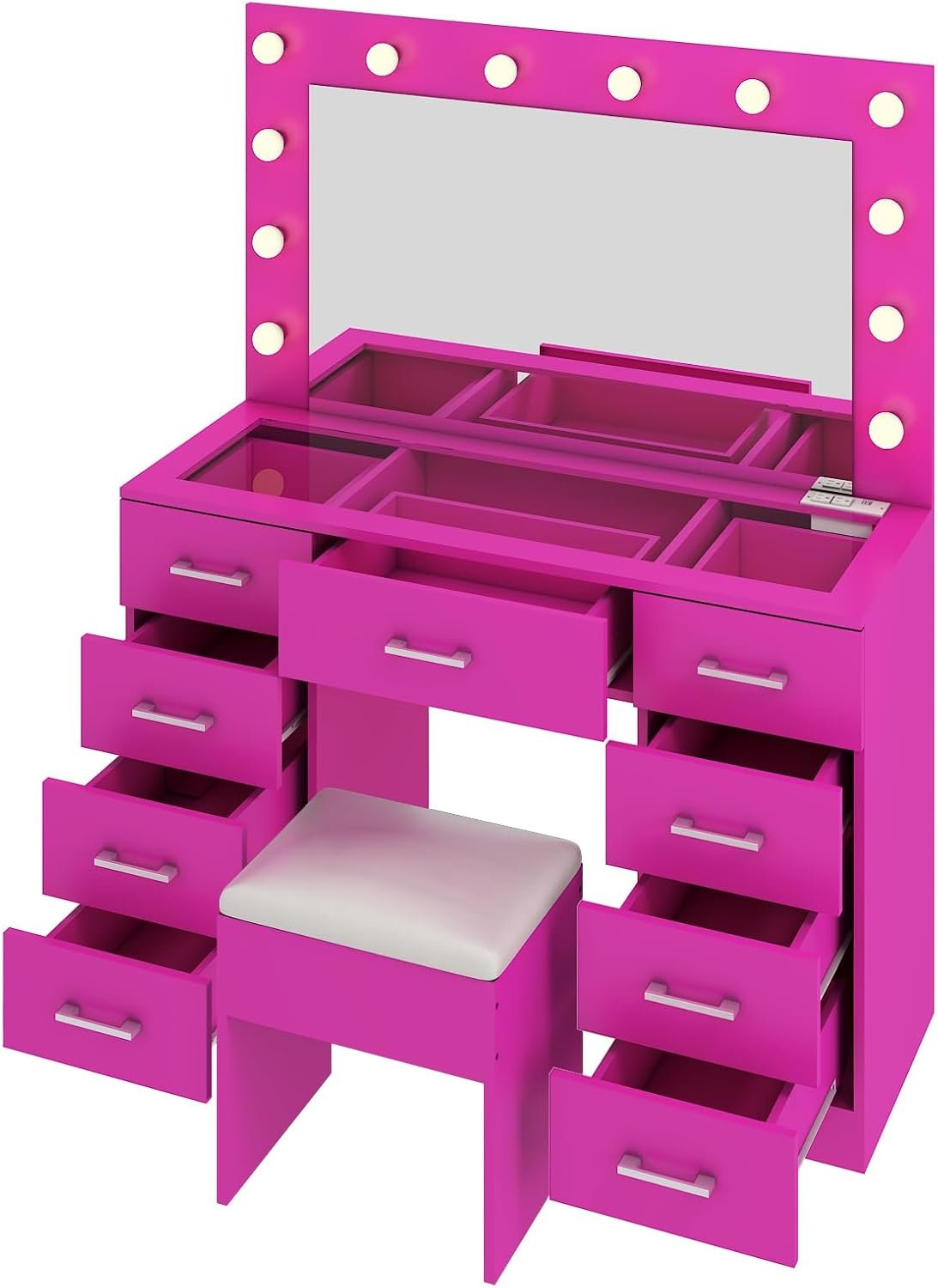 Karl home Vanity Desk with Large Lighted Mirror & Powre Outlet, Glass Tabletop Makeup Vanity Set with 9 Drawers, 45.3" Vanity Table with 3 Color Lighting Modes, Dressing Table for Women Girls, Pink - Image 7