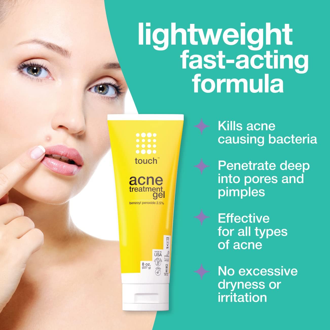 Touch Benzoyl Peroxide 2.5% Gel Cream For Acne - Pimples and Cystic Acne Spot & Daily Face and Back Medication for Adults & Teens – Goes on Clear Lightweight & Non-Drying - Large 8 oz. - Image 2