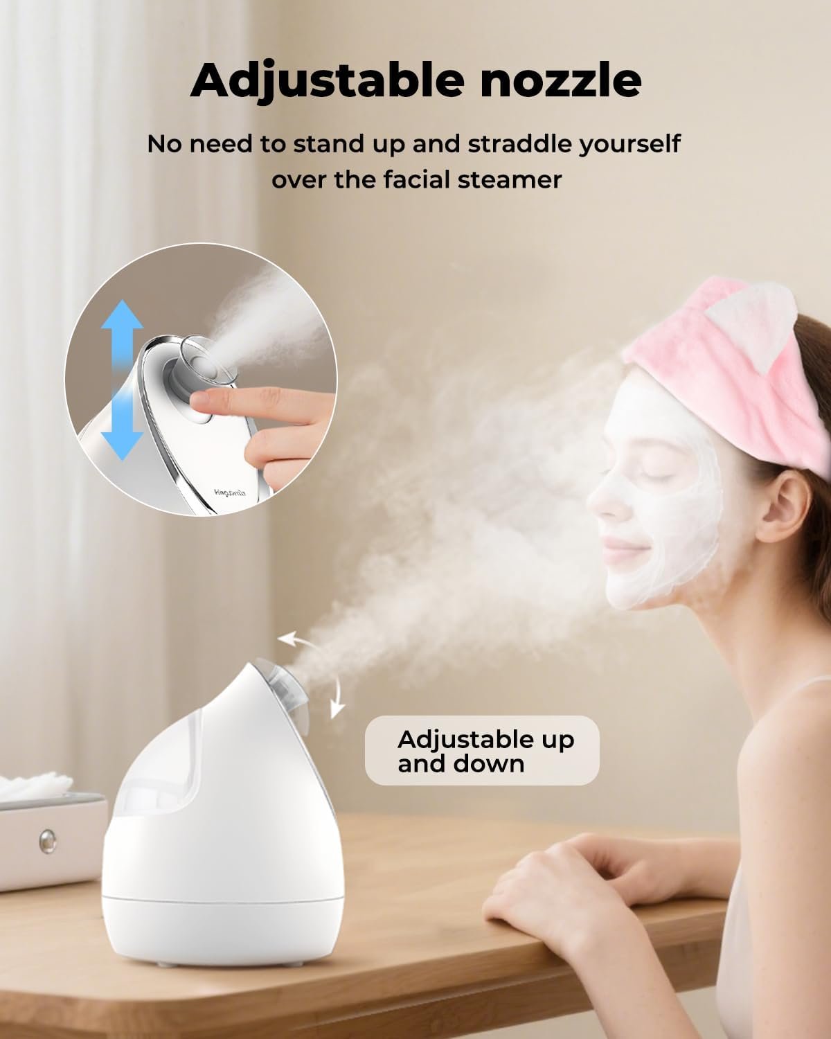 Kingsmile Facial Steamer for Face, 3 in 1 Face Steamer for Facial Deep Cleaning, Compact Nano Steamer - Aromatherapy, Adjustable Nozzle Warm Steam for Home SPA, Face Steamer for Sinuses with Hairband - Image 3