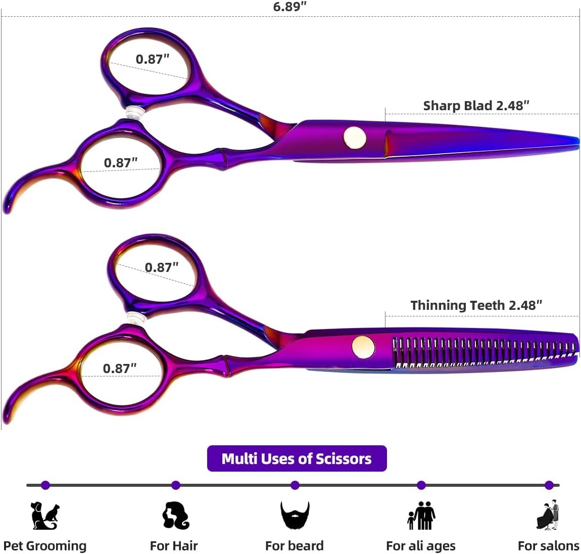 Professional Hair Cutting Scissors Sets Stainless Steel Barber Hairdressing Scissors Multifunctional Salon Thinning Scissors Straight Shears Tools Gifts for Mom Dad Friends (Purple) - Image 7
