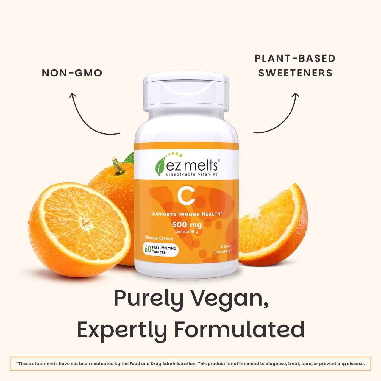 EZ Melts Vitamin C - Daily Vitamin for Antioxidant & Immune Support - No Artificial Flavors - Non-GMO & Sugar-Free - Orange Citrus - 60 Dissolvable Tablets (30 Servings) - Image 6