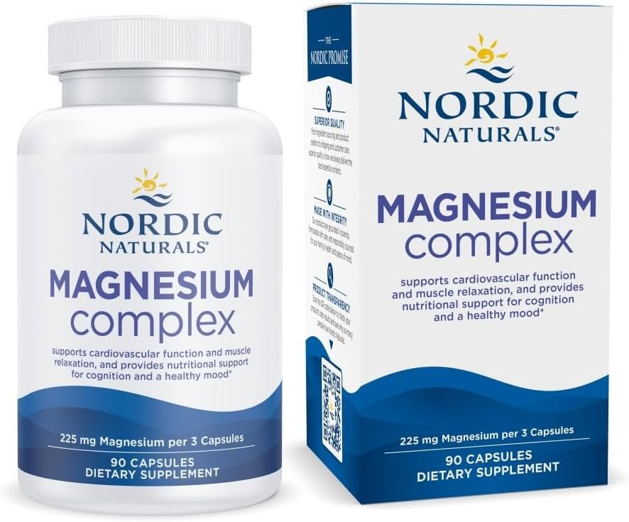 Nordic Naturals Magnesium Complex - 90 Capsules - 225 mg Magnesium - Brain & Heart Health, Mood, Energy, & Muscle Relaxation - Non-GMO, Vegan - 30 Servings