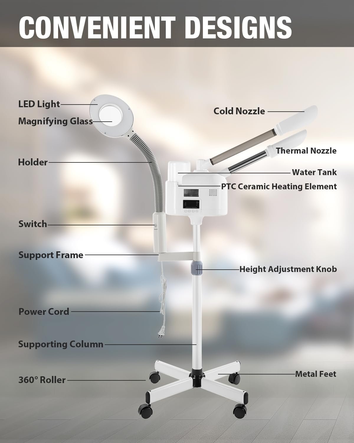 Professional Facial Steamer 3 in 1 Steamer for Face with Hot & Cold Nozzle 5X LED Magnifying Lamp Facial Steamer for Esthetician Beauty Face Equipment Use at Home or Salon - Image 5