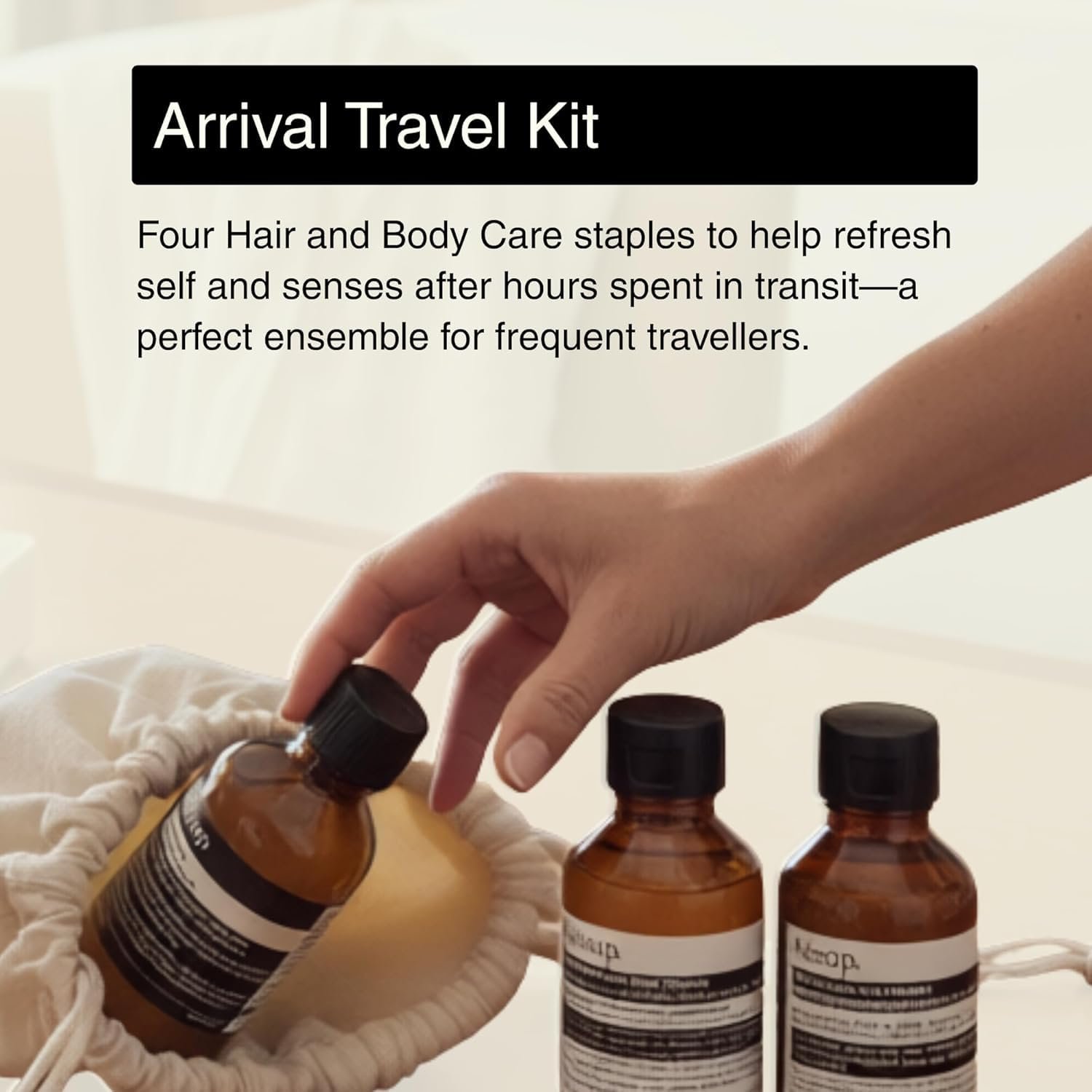 Aesop Arrival Travel Shower Set (4-Piece) Hair & Body Care Kit – Shampoo, Conditioner, Geranium Leaf Body Cleanser & Rind Concentrate Body Balm – 1.7oz/50mL Each – Gift Set with Reusable Canvas Bag - Image 2