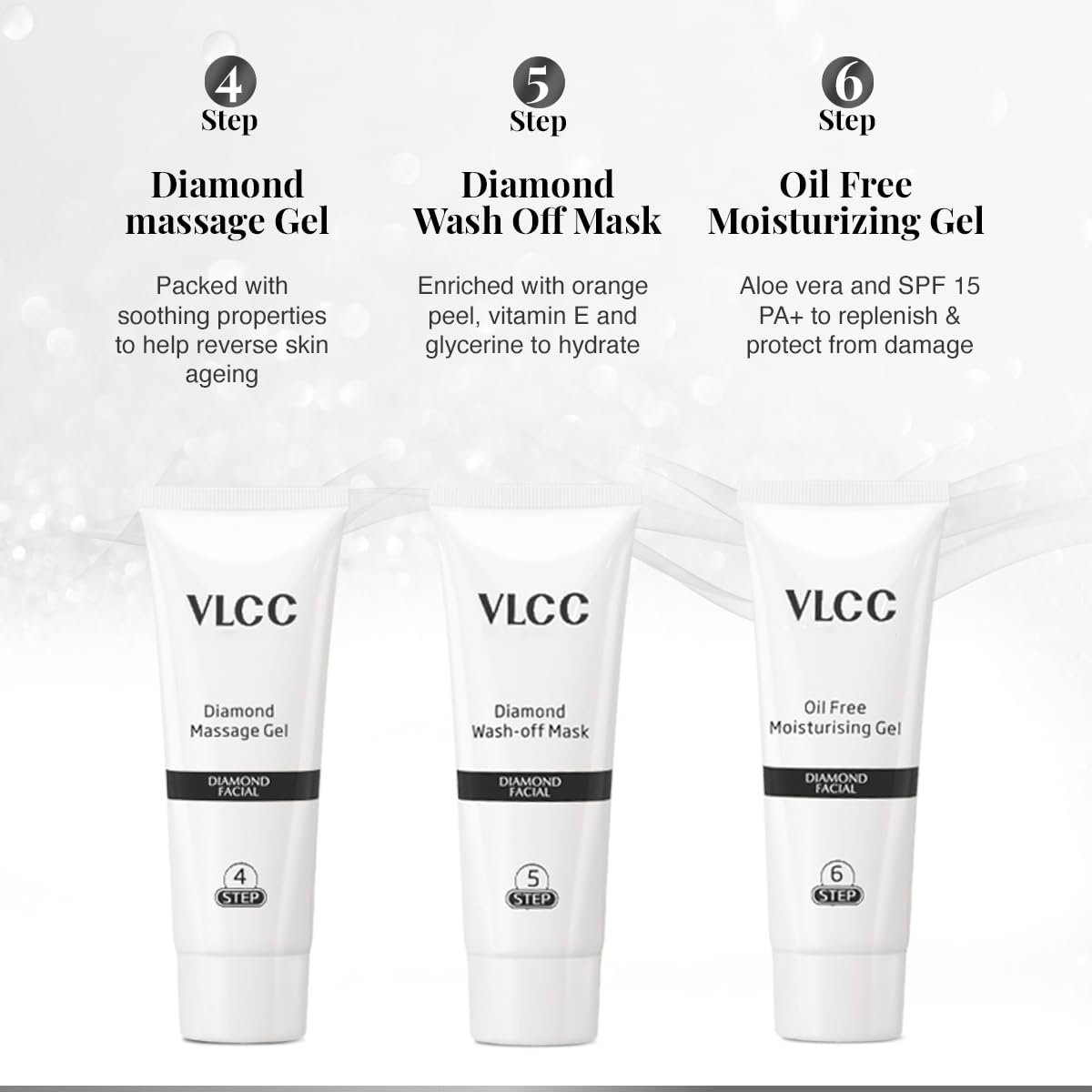 VLCC Diamond Facial Kit - Single Use | Salon Like Facial at Home in Just 6-Steps | Includes Cleanser, Scrub, Cream, Face Pack & Moisturizing Gels | 2.12 Oz/60g - Image 8