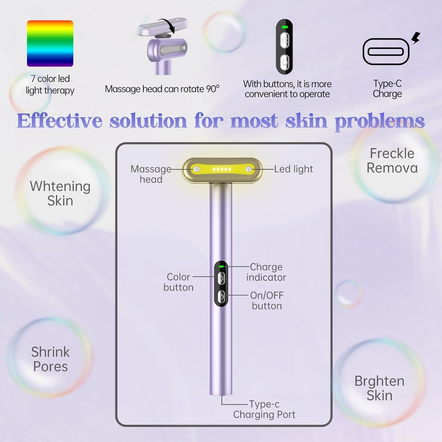 Light-Therapy-Wand, Red Light Therapy for Face and Neck Facial Wand 7 in 1 Led Beauty Wand Red & Blue Rejuvenation Face & Eye Massager Skincare Tool - Image 5