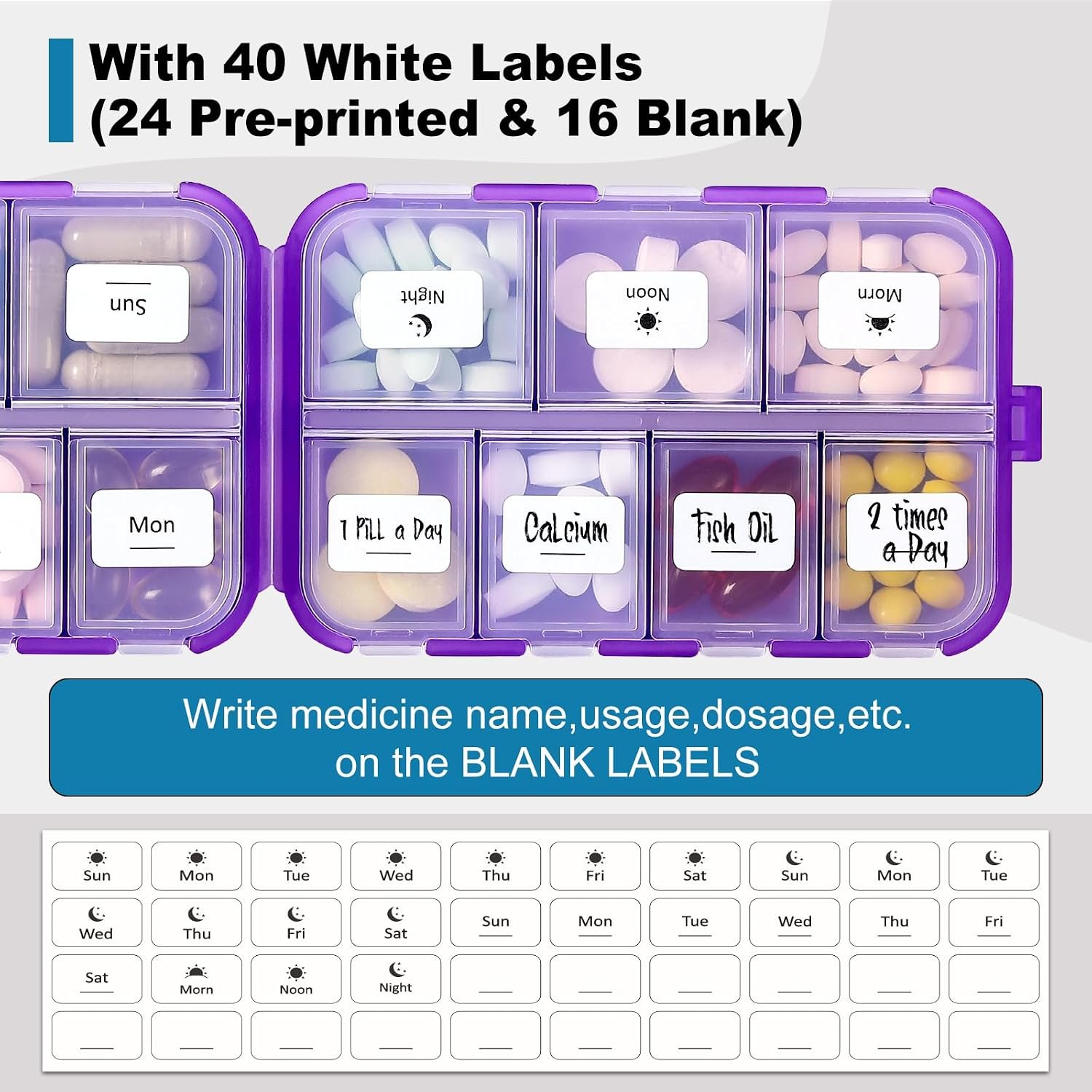 14 GRIDS Travel Pill Organizer Box with Labels - Travel Medicine Case Kit - Pocket Daily Pharmacy Container - Travel Medication Holder Dispenser for Fish Oil Vitamin Supplement Storage - Clear Purple - Image 5