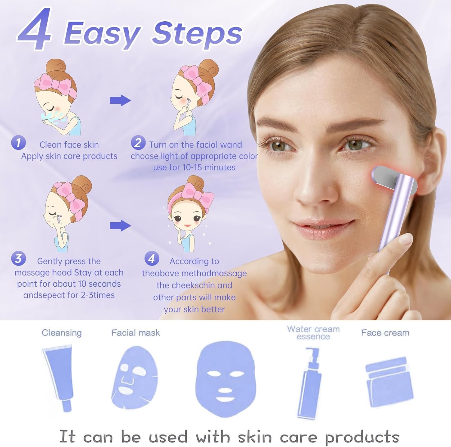 Light-Therapy-Wand, Red Light Therapy for Face and Neck Facial Wand 7 in 1 Led Beauty Wand Red & Blue Rejuvenation Face & Eye Massager Skincare Tool - Image 6