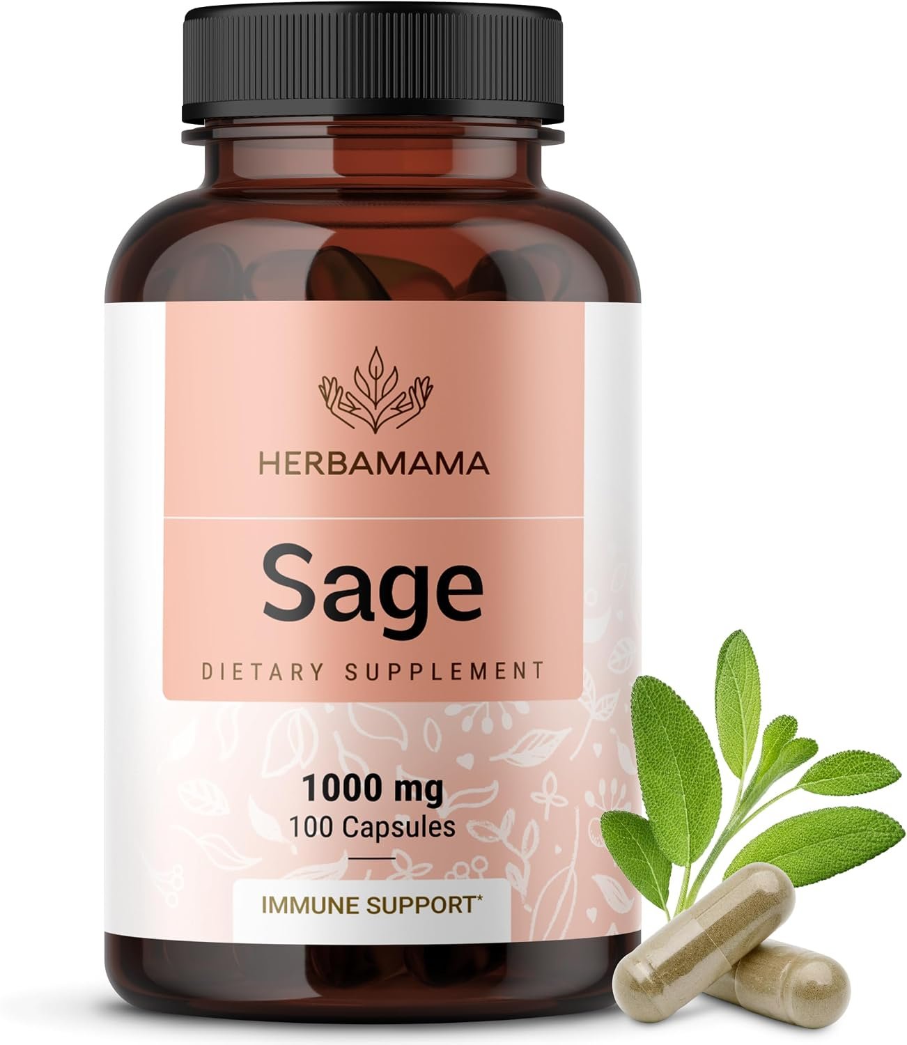 HERBAMAMA Sage Capsules - 1000mg Natural Digestive & Immune Support - Sage Leaves for Brain Clarity – Vegan, Non-GMO Salvia Officinalis Antioxidant Supplement