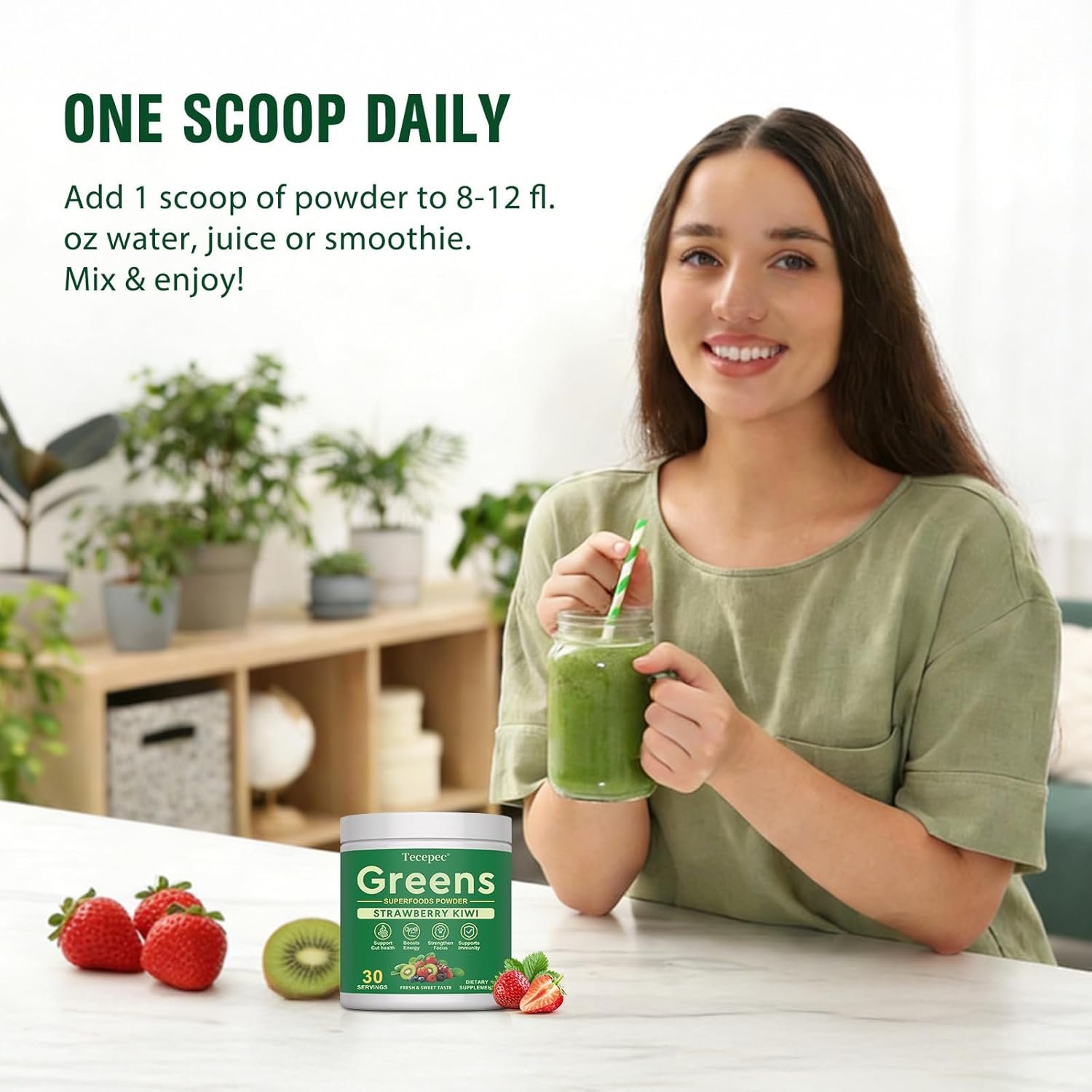 Super Greens Powder Superfood, Greens Juice Drink Mix with Spirulina, Chlorella, Adaptogens & Fiber, Digestive Enzymes, Pre + Probiotics Supplement for Women & Men Bloating & Gut Health, 30 Servings - Image 6