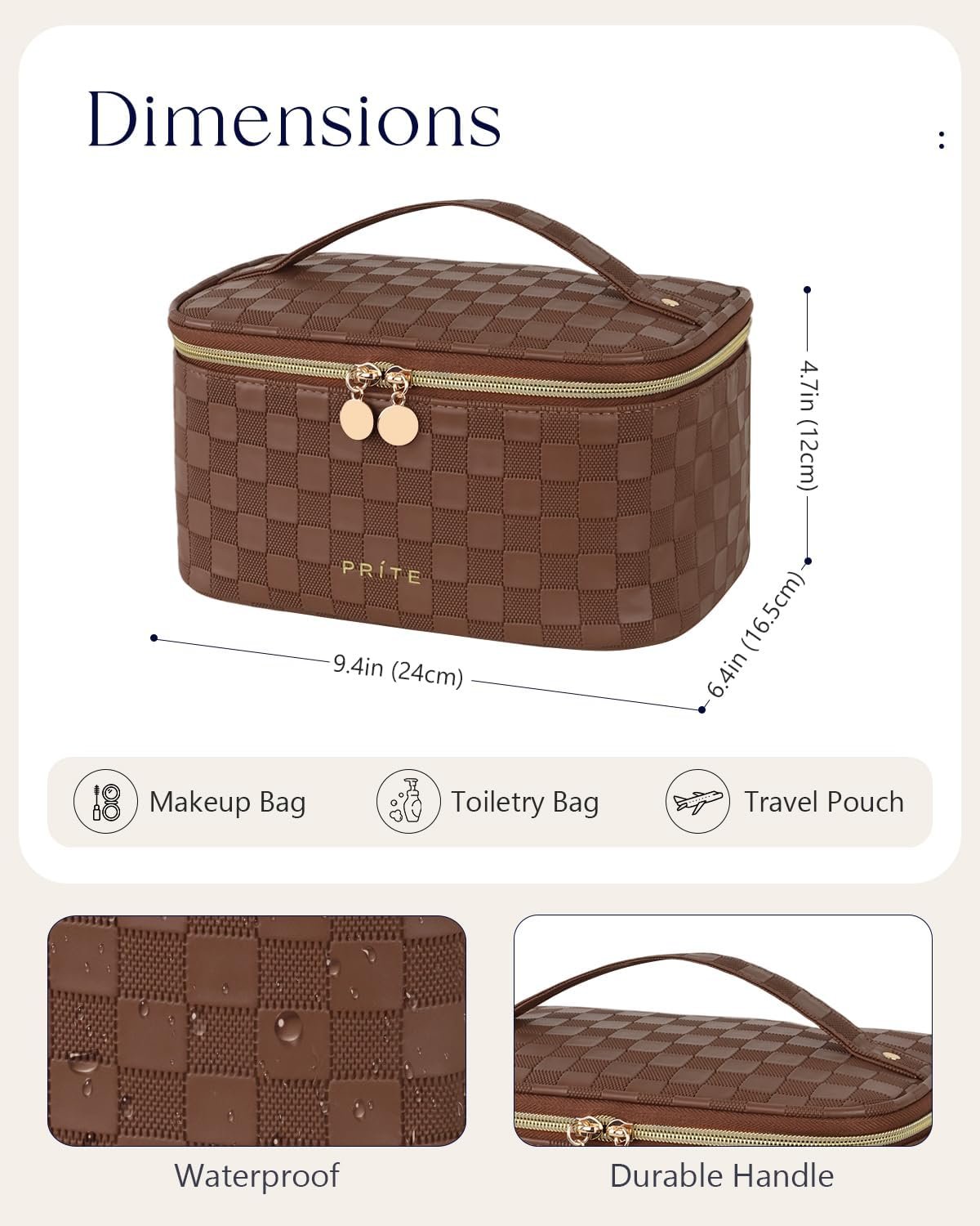 Prite Makeup Bag, Large Capacity Cosmetic Bag for Women and Girls, Waterproof PU Leather Travel Case with Handle, Divider for Skincare and Brushes - Checkered Brown - Image 5