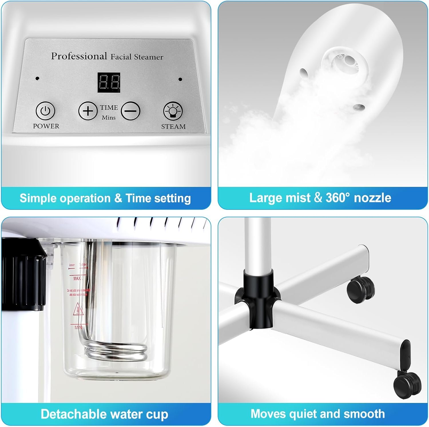 Professional Facial Steamer, Esthetician Steamer on Wheels with Hot Mist, Stand Face Steamer for Facial Deep Cleaning, Steamer for Facial for Personal Care or Spa, Moisturizing and Hydrating, White - Image 2