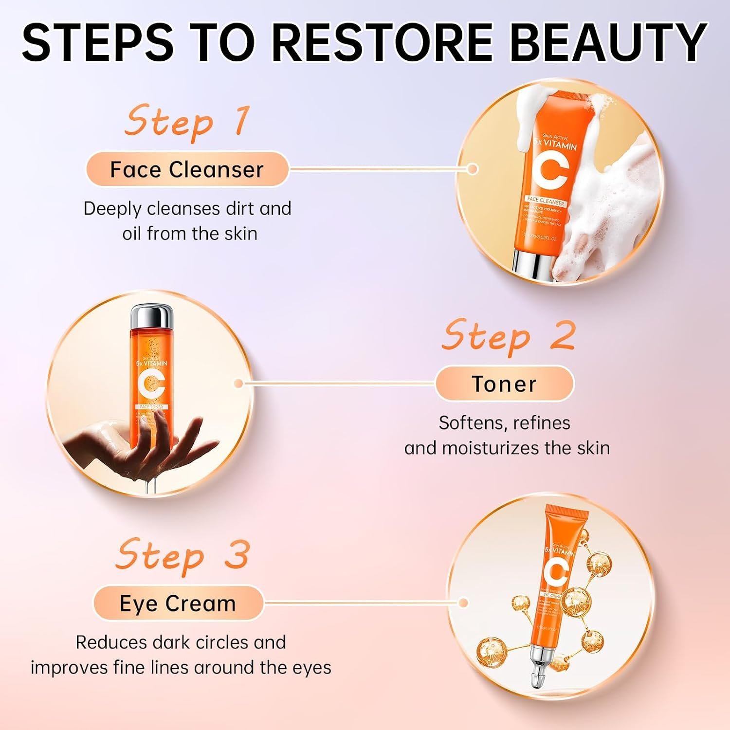 Vitamin C Skin Care Set for Women - 6PCS Skincare Gift Set With Facial Cleanser, Toner, Eye Cream, Serum, Lotion & Face Cream - Moisturizing Skin Care Kit for Anti-Wrinkle, Valentine’s Day Gift - Image 5