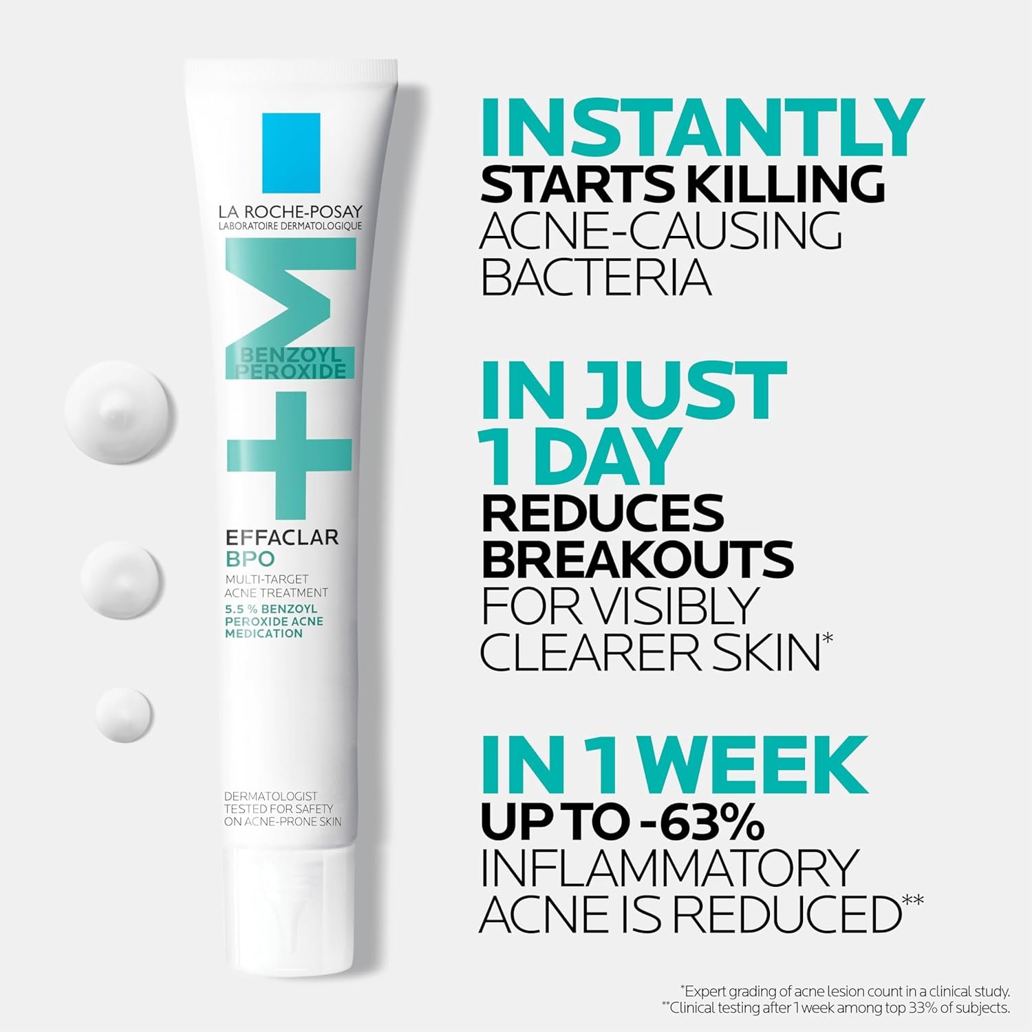 La Roche-Posay Effaclar BPO Multi-Target Acne Treatment with 5.5% Micronized Benzoyl Peroxide, Acne Cream for Face, Targets Oily Skin, Blackheads & Prevents Pimples - Image 4