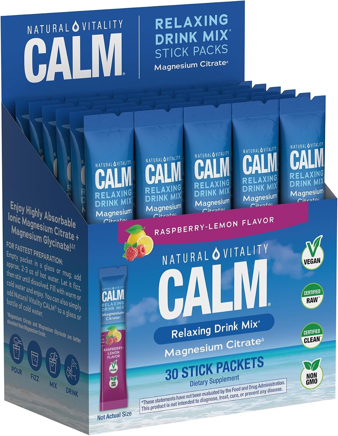 Natural Vitality Calm, Magnesium Citrate Supplement, Anti-Stress Drink Mix Powder - Gluten Free, Vegan, & Non-GMO, Raspberry Lemon, 0.12 oz, 30 Packets