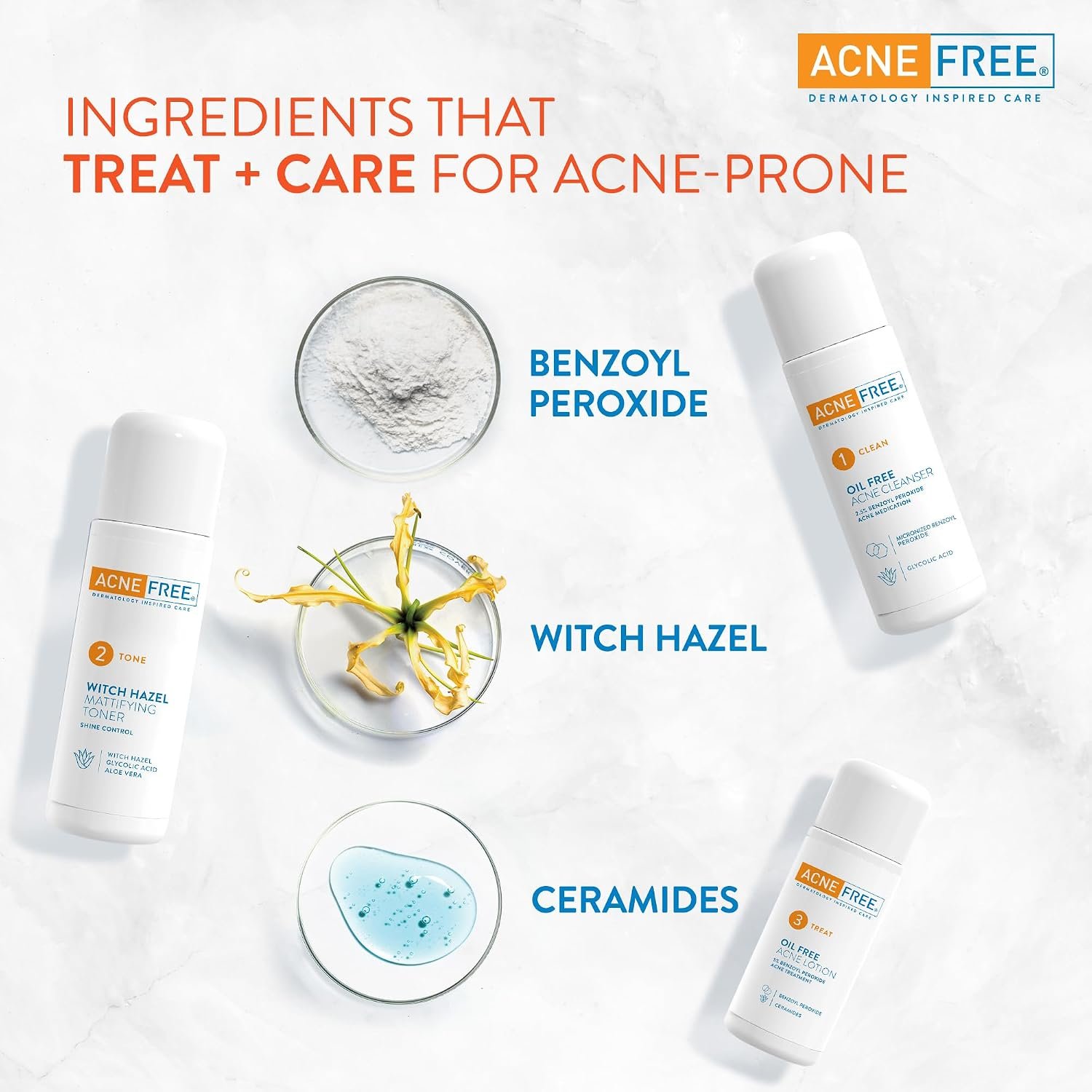 Acne Free 3 Step 24 Hour Acne Treatment Kit - Clearing System W Oil Free Acne Cleanser, Witch Hazel Toner, & Oil Free Acne Lotion - Acne Solution W/ Benzoyl Peroxide for Teens and Adults - Original - Image 2