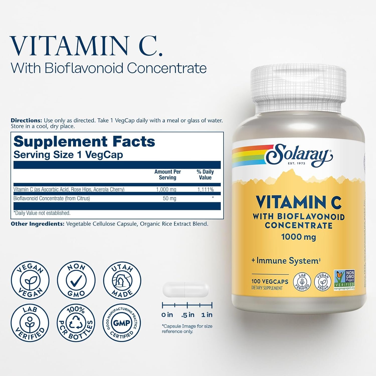 SOLARAY Vitamin C 1000mg with Bioflavonoids Concentrate - Vitamin C Capsules with Rose Hips and Acerola Cherry - Antioxidant, Heart Health and Immune Support Supplement, Vegan, Non-GMO, 100 Servings - Image 2