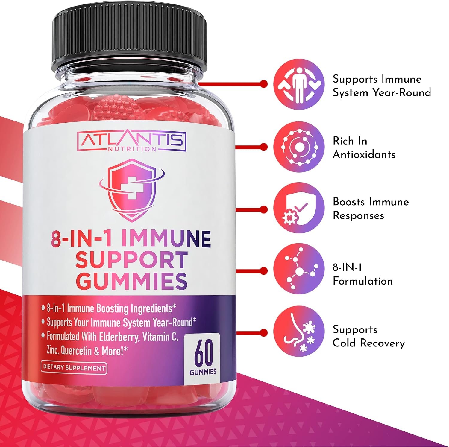 Atlantis Nutrition 8-in-1 Immune Support Gummies with Elderberry | Immune Supplement with Elderberry, Quercetin, Zinc, Vitamin C - Immunity Boosters for Adults & Kids - Delicious Flavor - 60 Count - Image 3