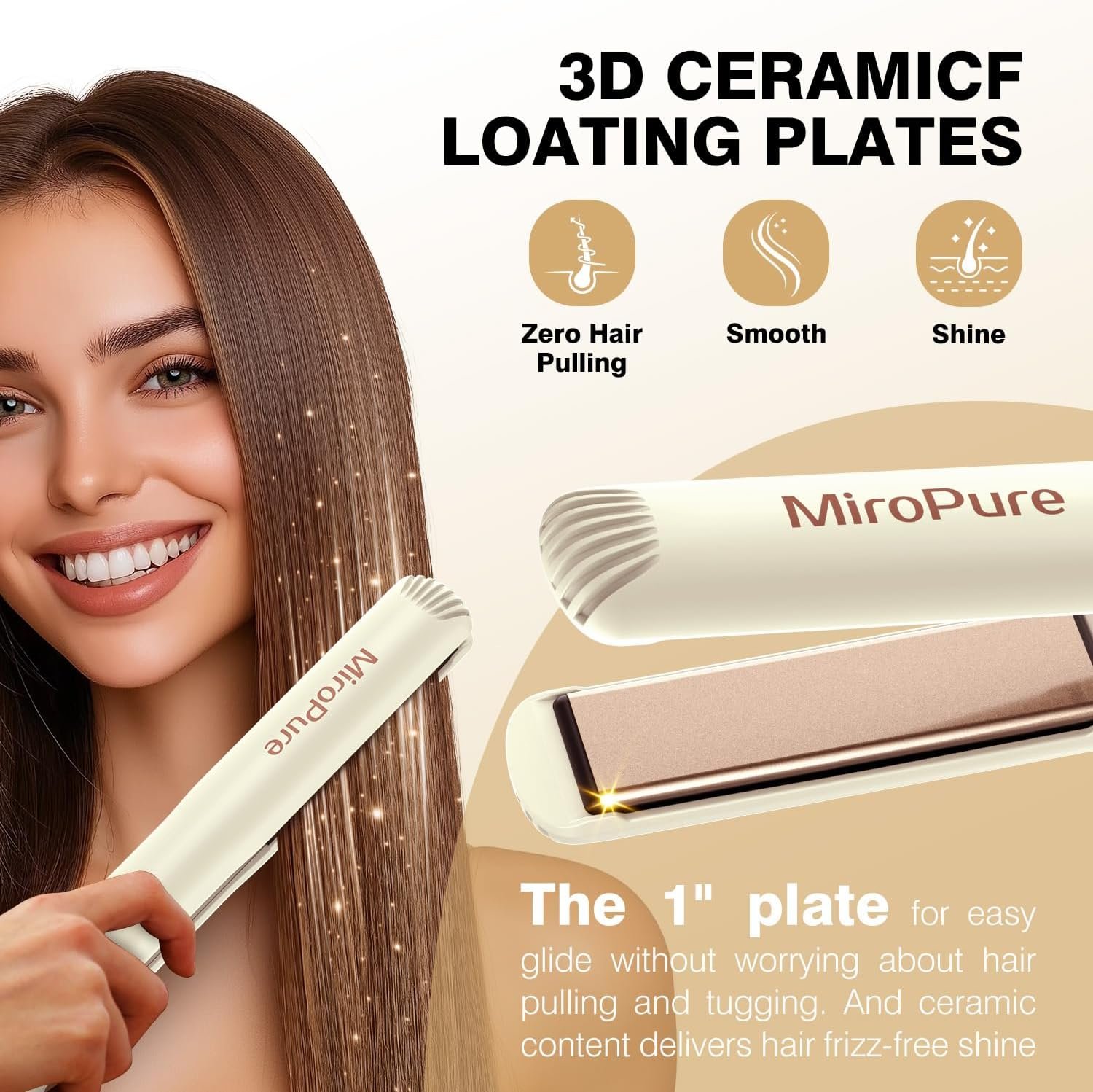MiroPure 1 Inch Flat Iron, Hair Straightener with 30S Fast Heating & 60min Auto Shut-Off, Hair Straightener and Curler 2 in 1 with 3D Ceramic Floating Plates, Beige - Image 4