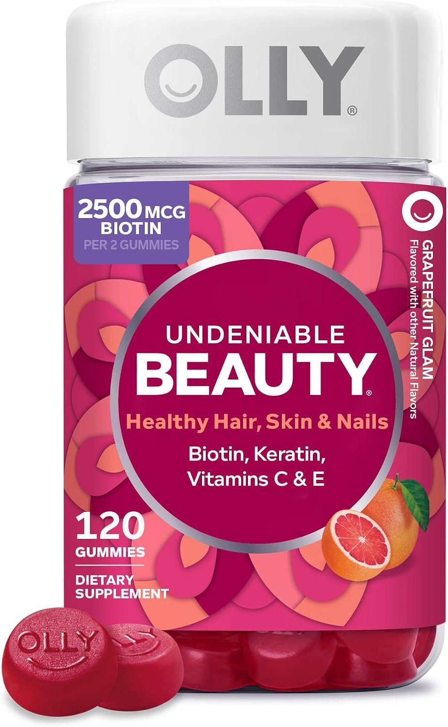 OLLY Hair Skin and Nails Gummies - Undeniable Beauty with Biotin 2500mcg Per 2 Gummies, Keratin & Vitamin C - Supports Healthy Hair, Skin, & Nails - Grapefruit Flavor - 120 Count