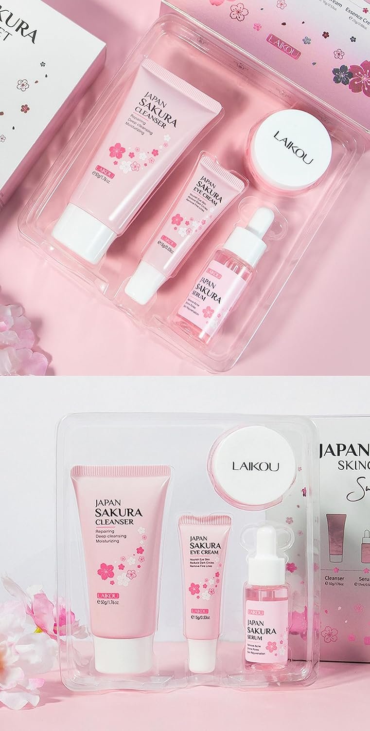 Skin Care Kit Korean Skincare Set for Teen Girls & Women, Travel Sizes Cherry Blossom Hydrating Cleanser, Anti-Aging Serum, Moisturizer, Eye Cream - Skin Radiant Gentle Clean Mini Holiday Gift (4PC) - Image 7