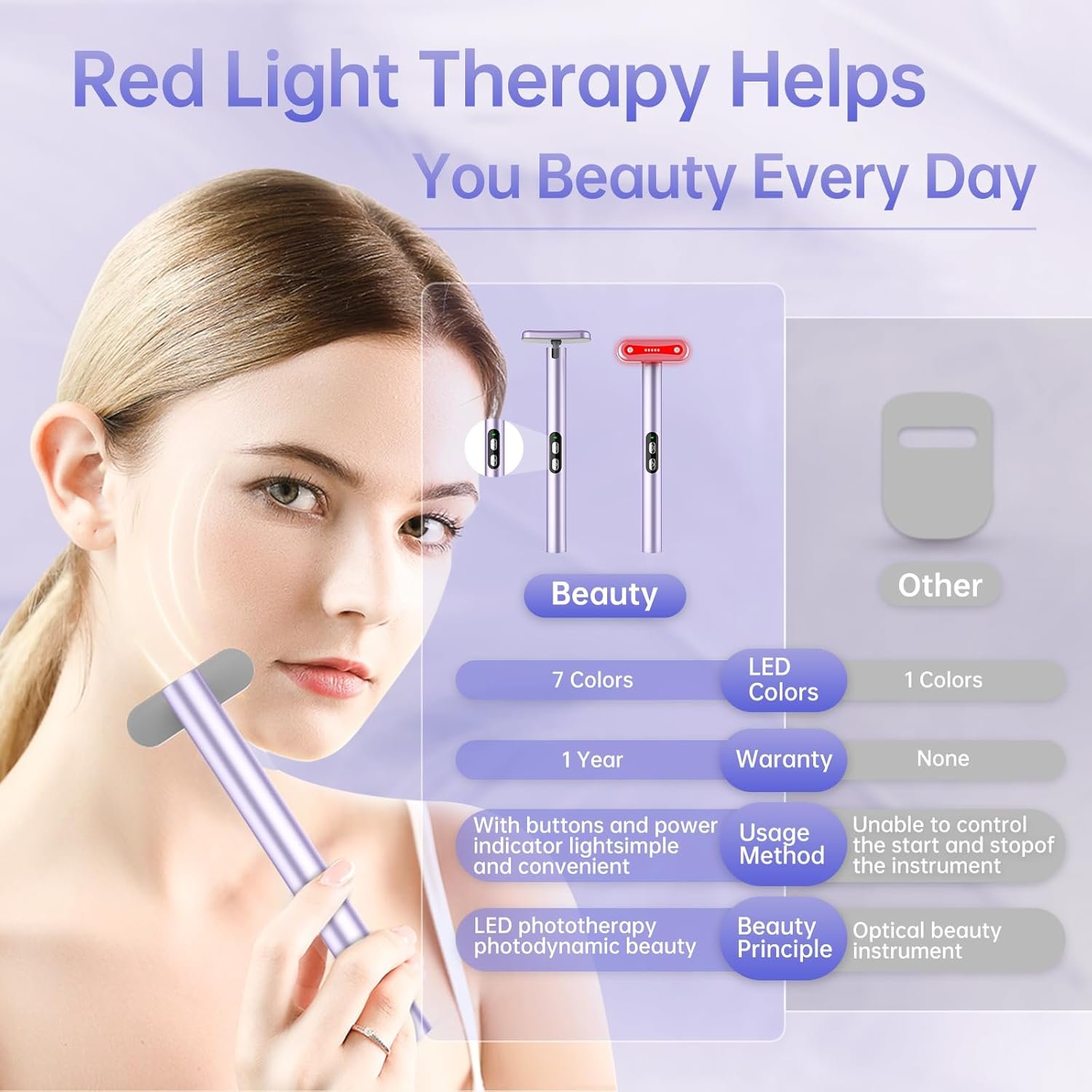 Light-Therapy-Wand, Red Light Therapy for Face and Neck Facial Wand 7 in 1 Led Beauty Wand Red & Blue Rejuvenation Face & Eye Massager Skincare Tool - Image 7